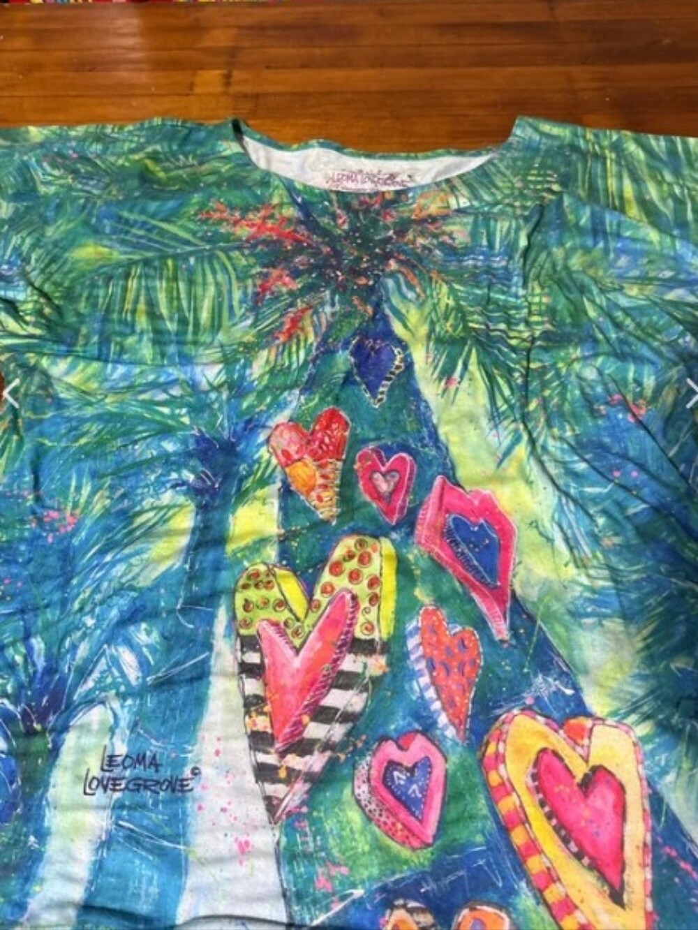 Leoma Lovegrove Women's Sz Lg Colorful Heart Print Tee - Blue/Green